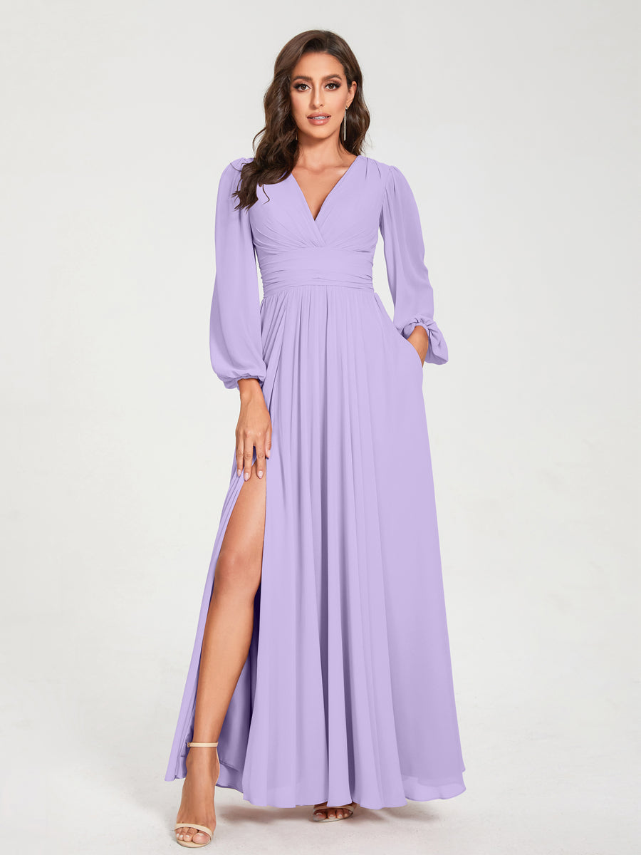 A-Linie/Princess-Linie Chiffon V-Ausschnitt Lange Ärmel Seitlicher Schlitz Bodenlang mit Taschen Brautjungfernkleider