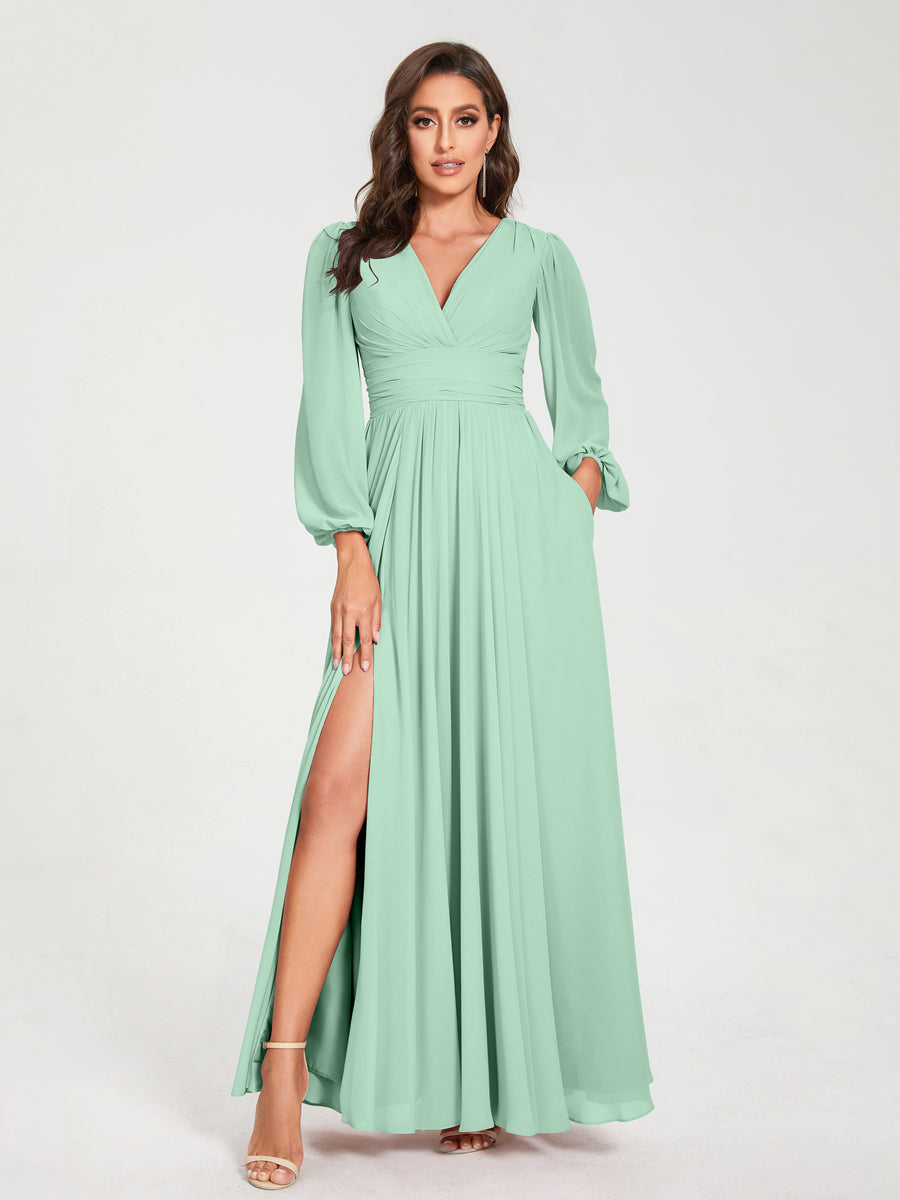 A-Linie/Princess-Linie Chiffon V-Ausschnitt Lange Ärmel Seitlicher Schlitz Bodenlang mit Taschen Brautjungfernkleider