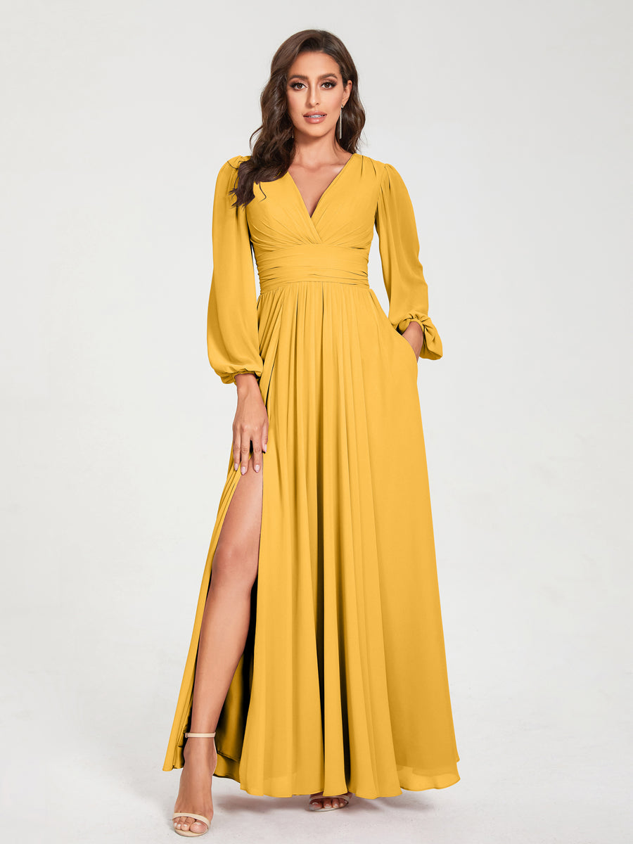 A-Linie/Princess-Linie Chiffon V-Ausschnitt Lange Ärmel Seitlicher Schlitz Bodenlang mit Taschen Brautjungfernkleider