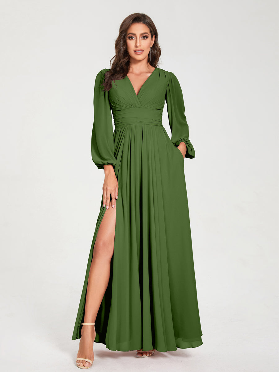 A-Linie/Princess-Linie Chiffon V-Ausschnitt Lange Ärmel Seitlicher Schlitz Bodenlang mit Taschen Brautjungfernkleider