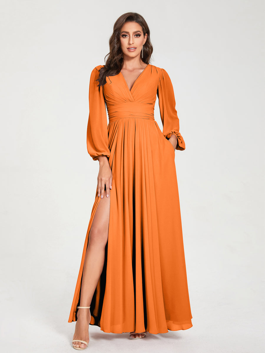 A-Linie/Princess-Linie Chiffon V-Ausschnitt Lange Ärmel Seitlicher Schlitz Bodenlang mit Taschen Brautjungfernkleider