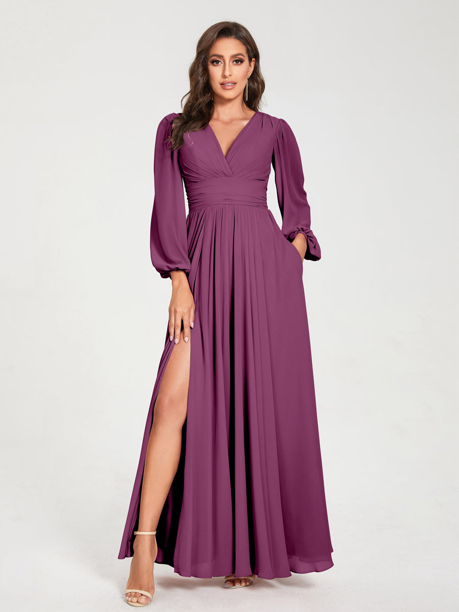 A-Linie/Princess-Linie Chiffon V-Ausschnitt Lange Ärmel Seitlicher Schlitz Bodenlang mit Taschen Brautjungfernkleider