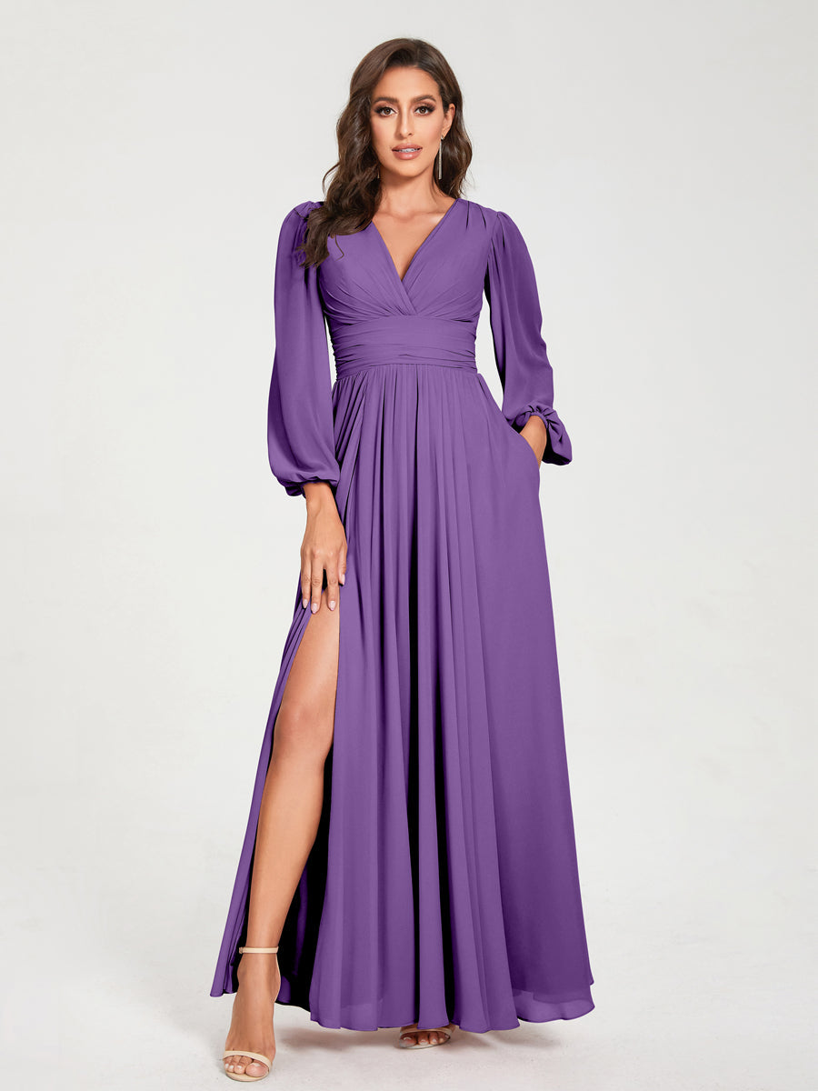 A-Linie/Princess-Linie Chiffon V-Ausschnitt Lange Ärmel Seitlicher Schlitz Bodenlang mit Taschen Brautjungfernkleider