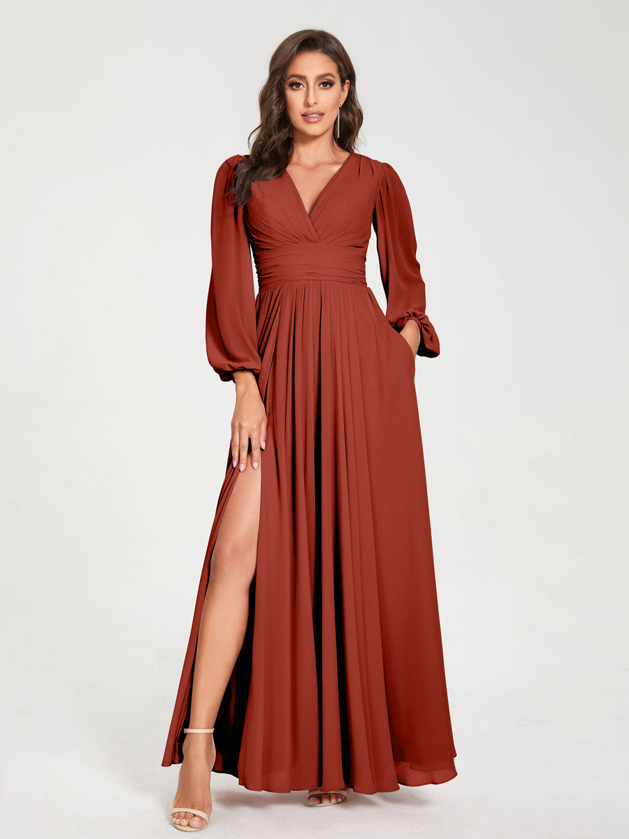 A-Linie/Princess-Linie Chiffon V-Ausschnitt Lange Ärmel Seitlicher Schlitz Bodenlang mit Taschen Brautjungfernkleider