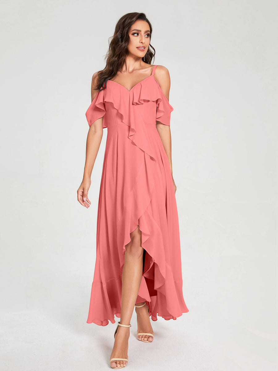 A-Linie/Princess-Linie Chiffon Spaghettiträger V-Ausschnitt Kurze Ärmel mit Rüschen Asymmetrische Brautjungfernkleider