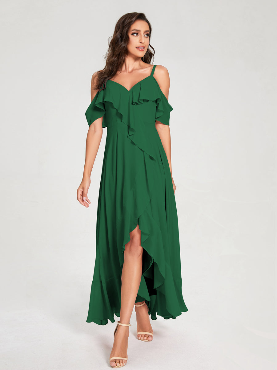 A-Linie/Princess-Linie Chiffon Spaghettiträger V-Ausschnitt Kurze Ärmel mit Rüschen Asymmetrische Brautjungfernkleider