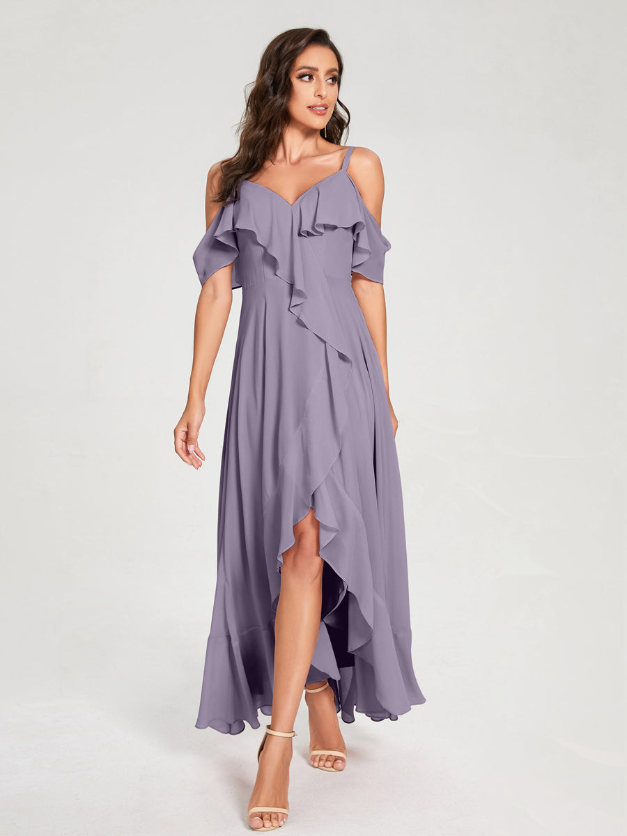 A-Linie/Princess-Linie Chiffon Spaghettiträger V-Ausschnitt Kurze Ärmel mit Rüschen Asymmetrische Brautjungfernkleider