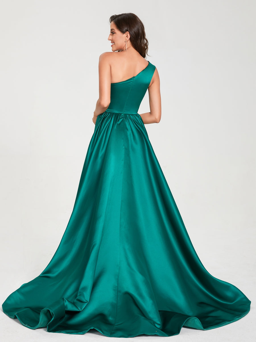 A-Linie/Princess-Linie One-Shoulder-Träger Ärmellos Satin mit Falten Bodenlang Seitlich Geschlitzte Brautjungfernkleider