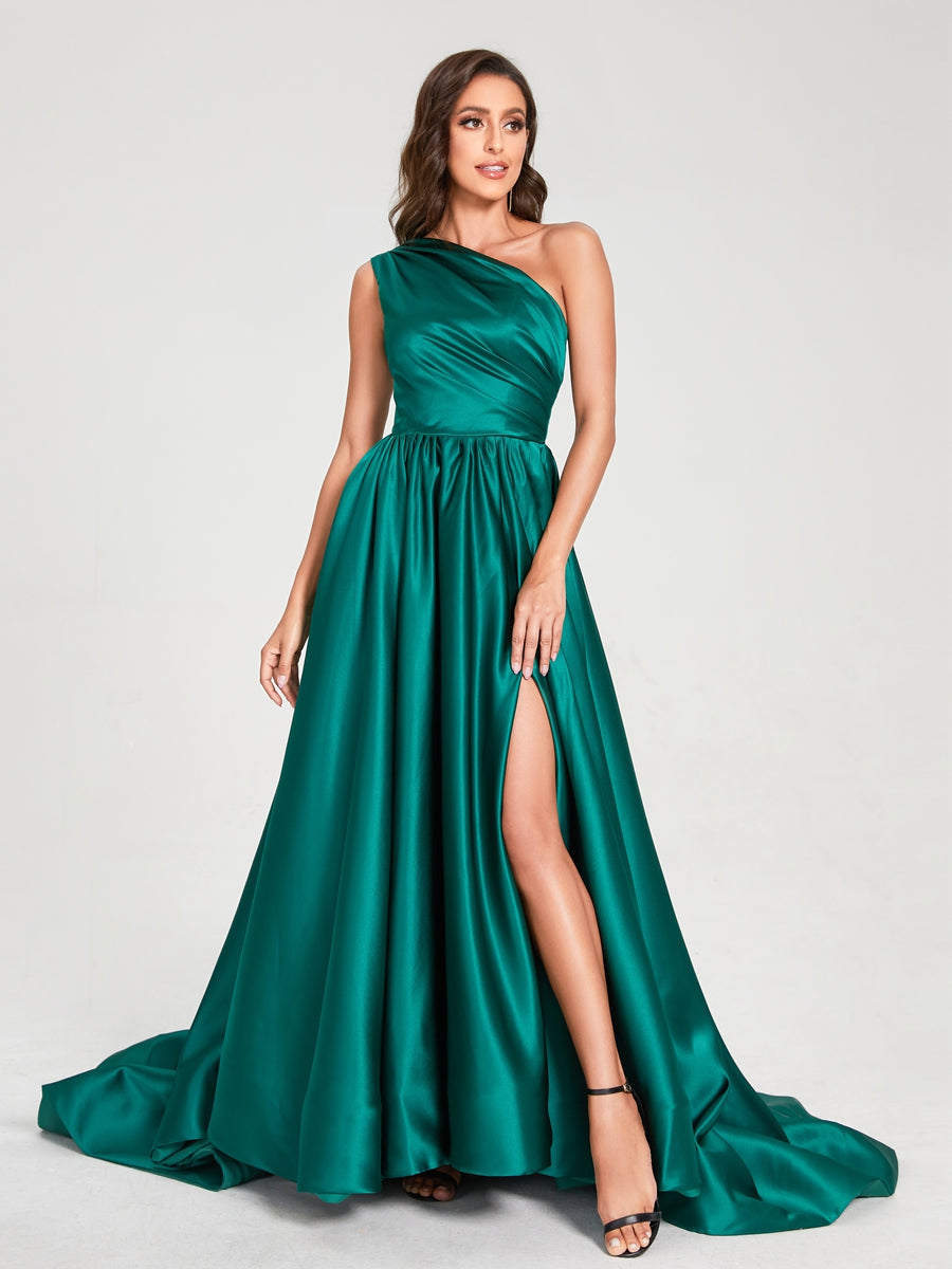 A-Linie/Princess-Linie One-Shoulder-Träger Ärmellos Satin mit Falten Bodenlang Seitlich Geschlitzte Brautjungfernkleider