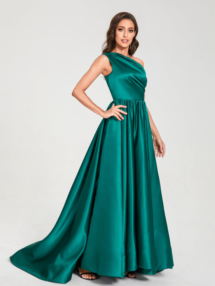 A-Linie/Princess-Linie One-Shoulder-Träger Ärmellos Satin mit Falten Bodenlang Seitlich Geschlitzte Brautjungfernkleider