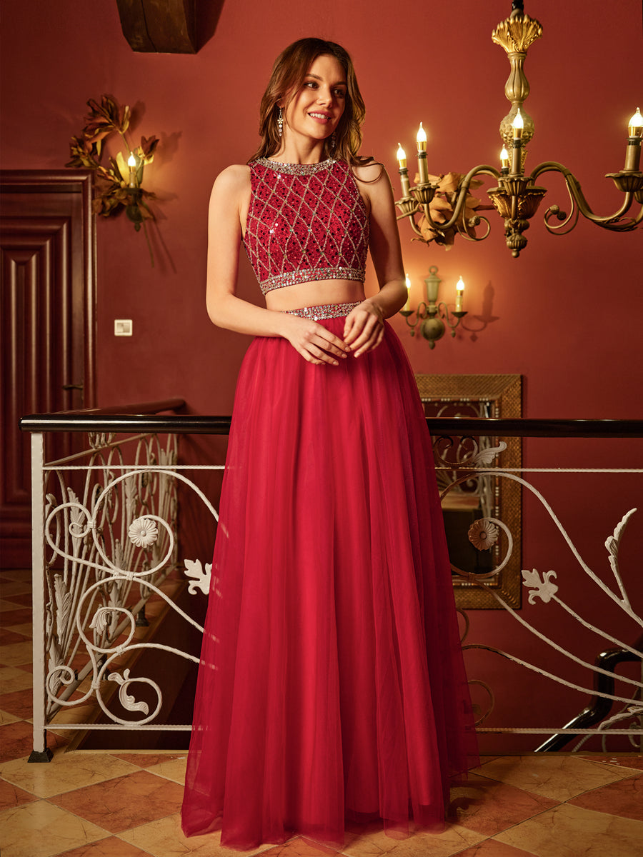 A-Linie/Prinzessin U-Ausschnitt Ärmellos Tüll Pailletten Zweiteilige Lange Ballkleider