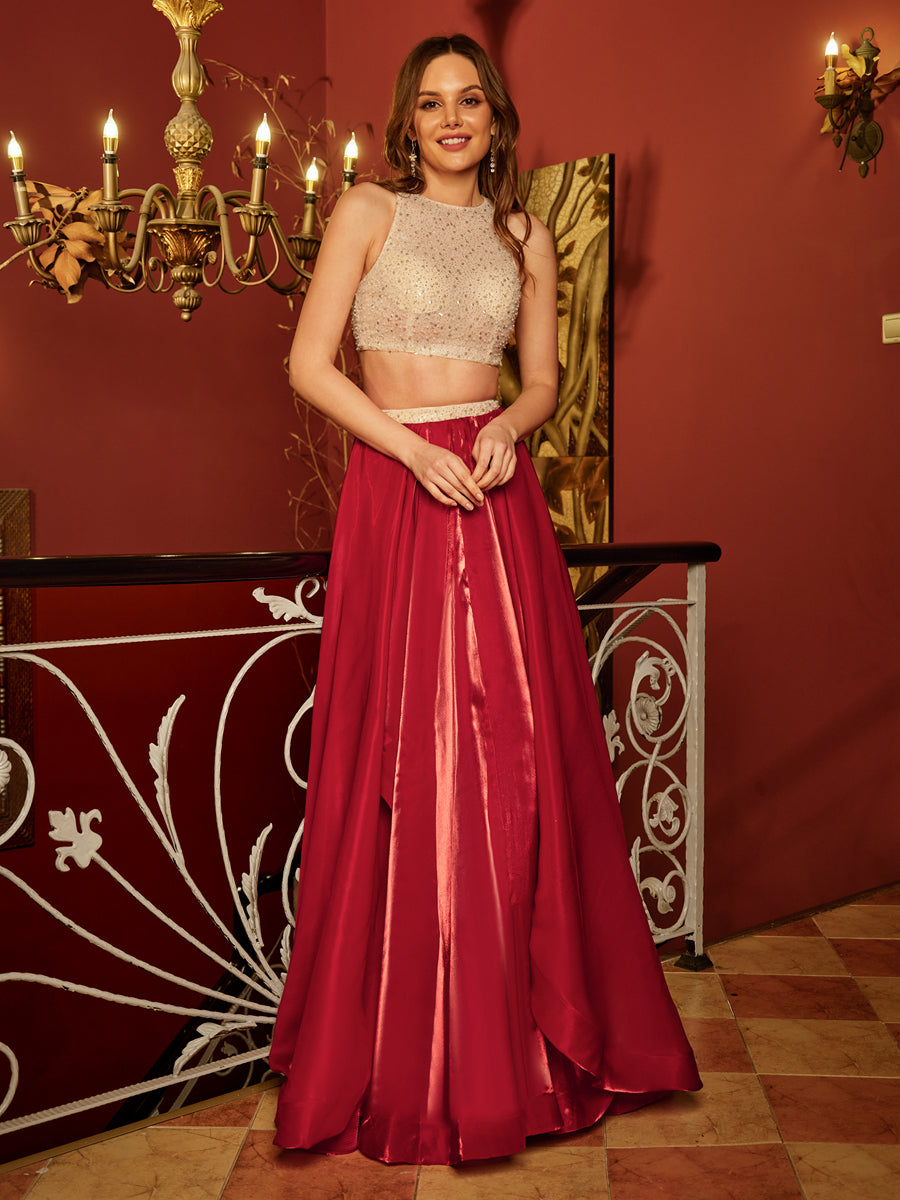 A-Linie/Prinzessin U-Ausschnitt Ärmellos Pailletten Zweiteilig Lange Ballkleider