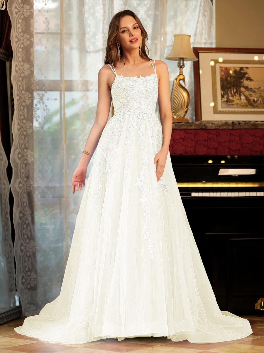 A-Linie/Princess-Linie Tüll Spaghettiträger Lange Ballkleider mit Applikation