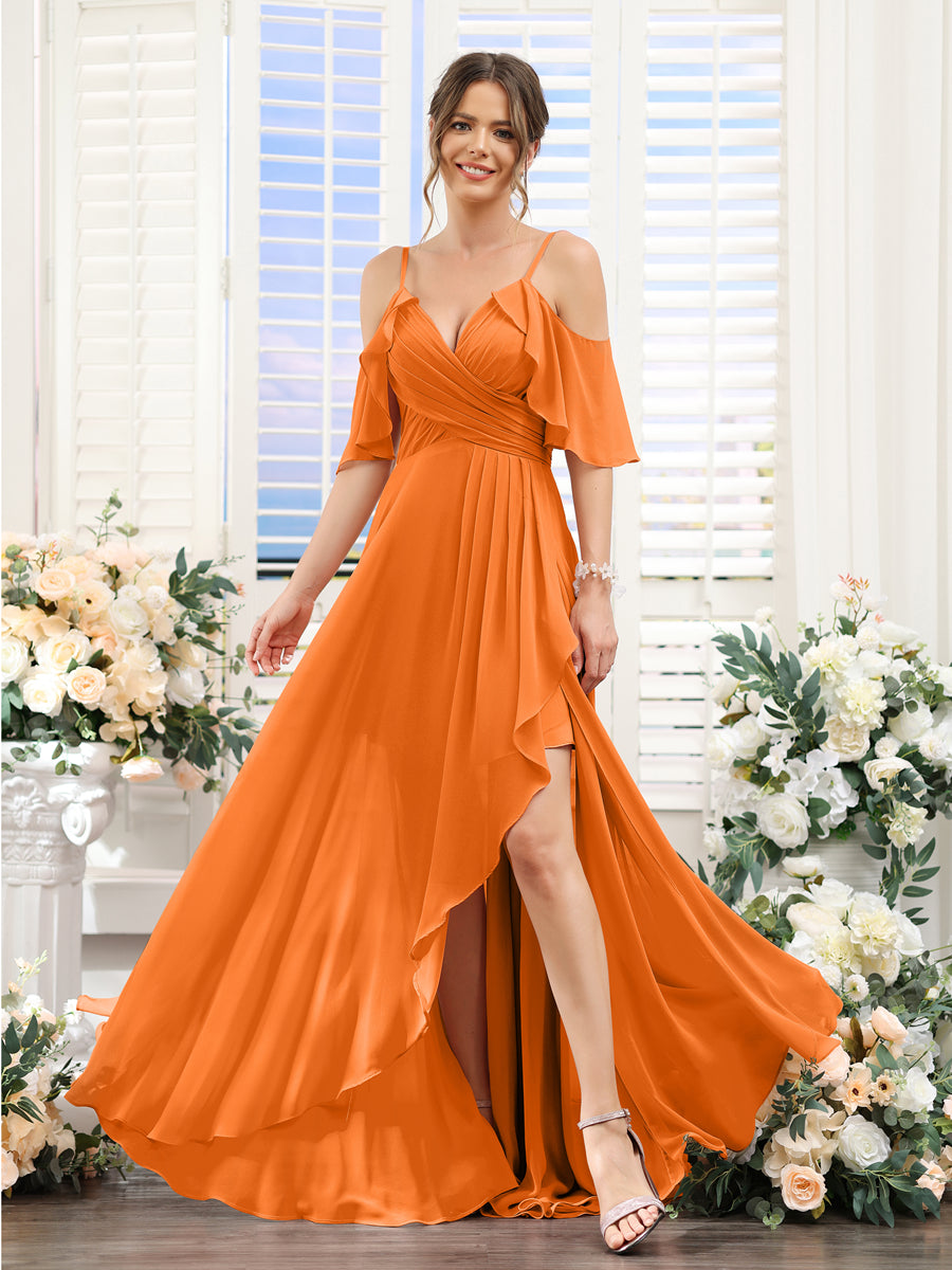 A-Linie V-Ausschnitt Spaghettiträger Kurze Ärmel Asymmetrisches Brautjungfernkleid aus Chiffon