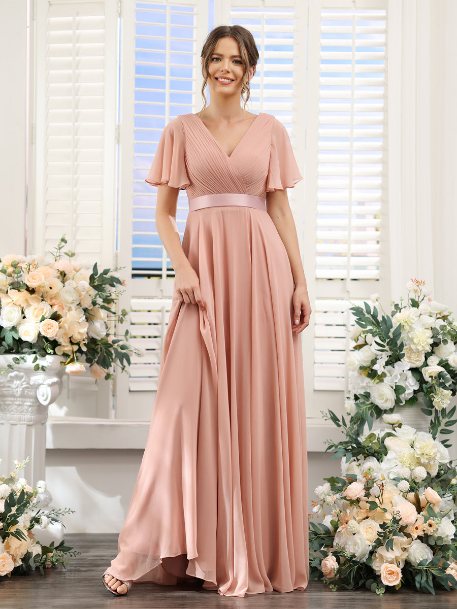A-Linie V-Ausschnitt Kurze Ärmel Chiffon-Brautjungfernkleider mit Taschen