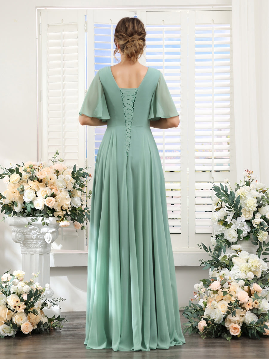 A-Linie V-Ausschnitt Lange Chiffon Brautjungfernkleider mit Taschen & Volantärmeln