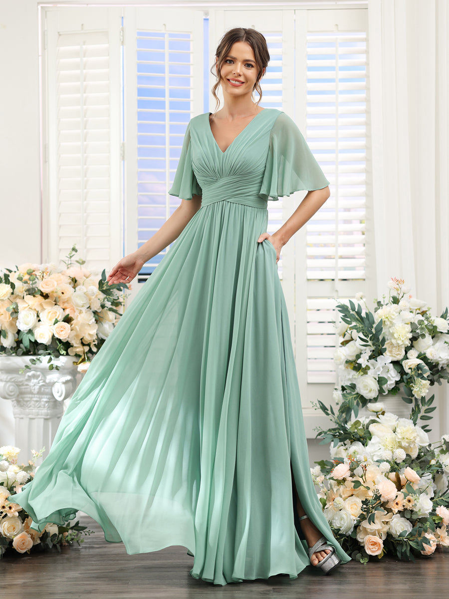 A-Linie V-Ausschnitt Lange Chiffon Brautjungfernkleider mit Taschen & Volantärmeln