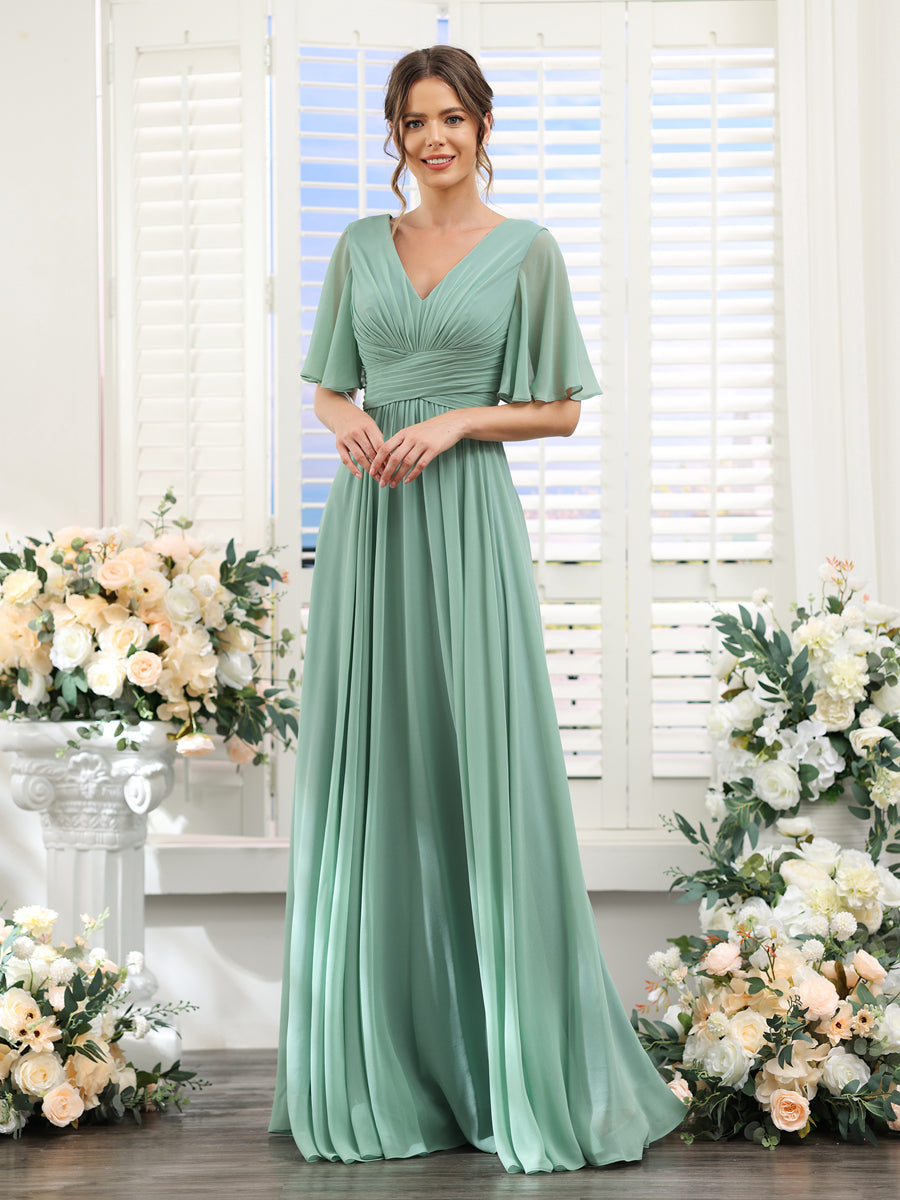 A-Linie V-Ausschnitt Lange Chiffon Brautjungfernkleider mit Taschen & Volantärmeln