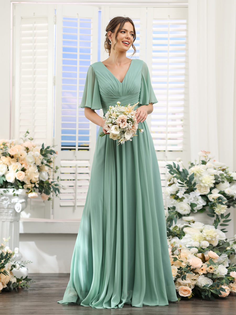 A-Linie V-Ausschnitt Lange Chiffon Brautjungfernkleider mit Taschen & Volantärmeln
