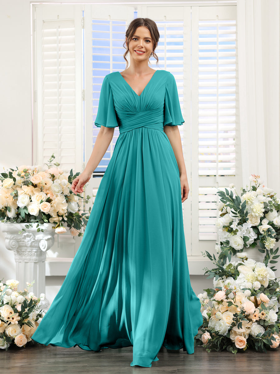 A-Linie V-Ausschnitt Lange Chiffon Brautjungfernkleider mit Taschen & Volantärmeln