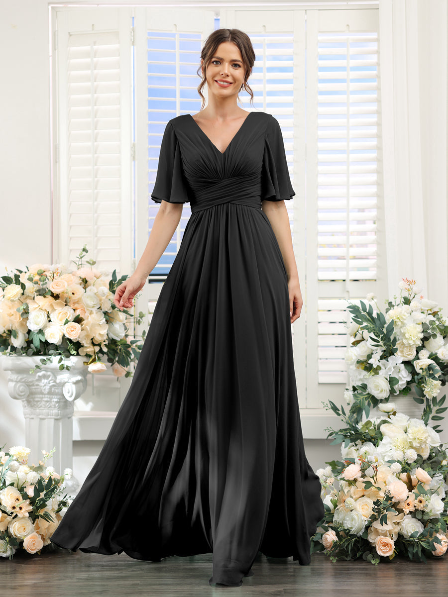 A-Linie V-Ausschnitt Lange Chiffon Brautjungfernkleider mit Taschen & Volantärmeln