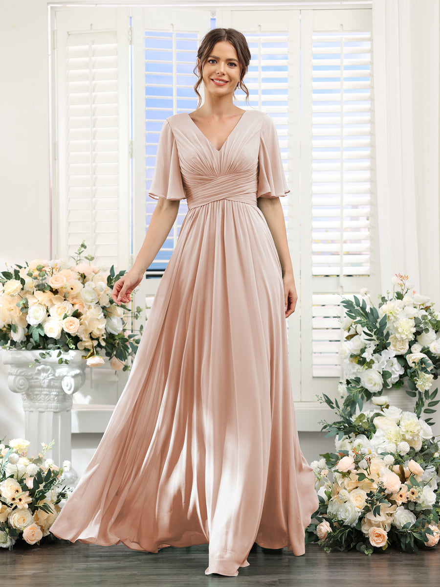 A-Linie V-Ausschnitt Lange Chiffon Brautjungfernkleider mit Taschen & Volantärmeln