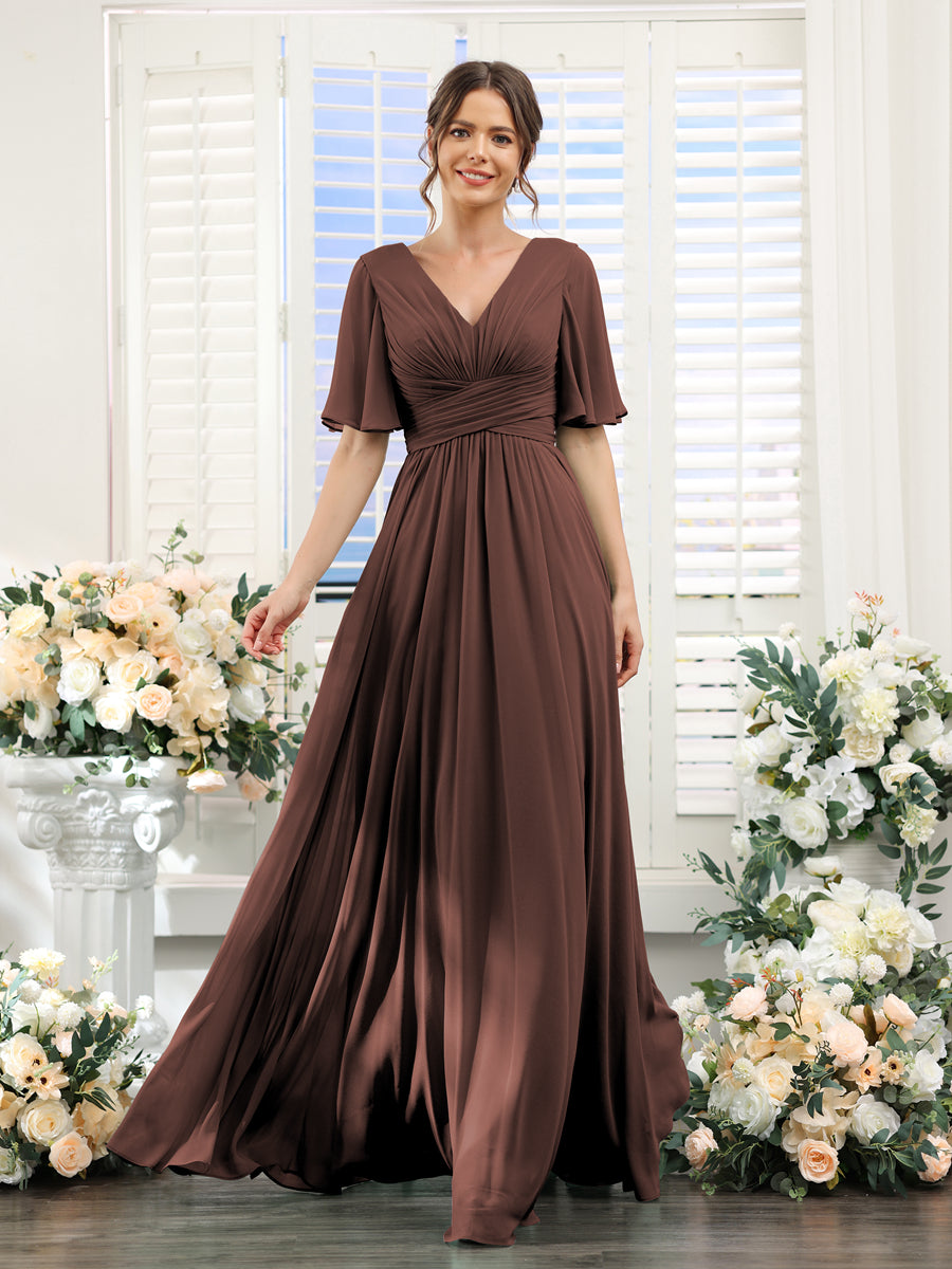 A-Linie V-Ausschnitt Lange Chiffon Brautjungfernkleider mit Taschen & Volantärmeln
