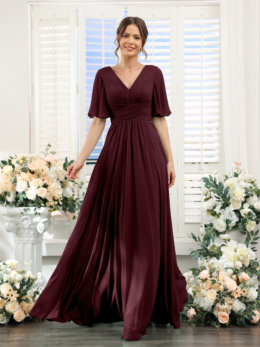 A-Linie V-Ausschnitt Lange Chiffon Brautjungfernkleider mit Taschen & Volantärmeln
