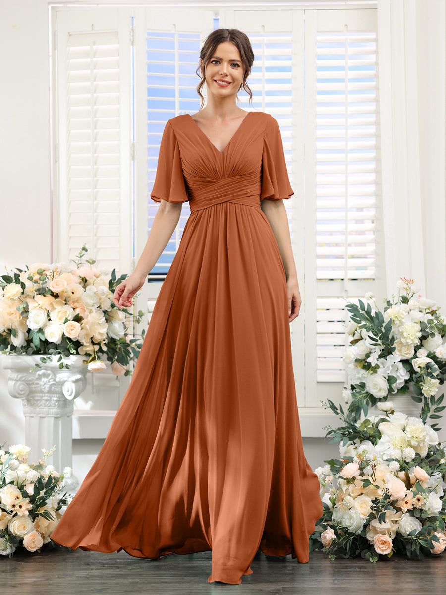 A-Linie V-Ausschnitt Lange Chiffon Brautjungfernkleider mit Taschen & Volantärmeln