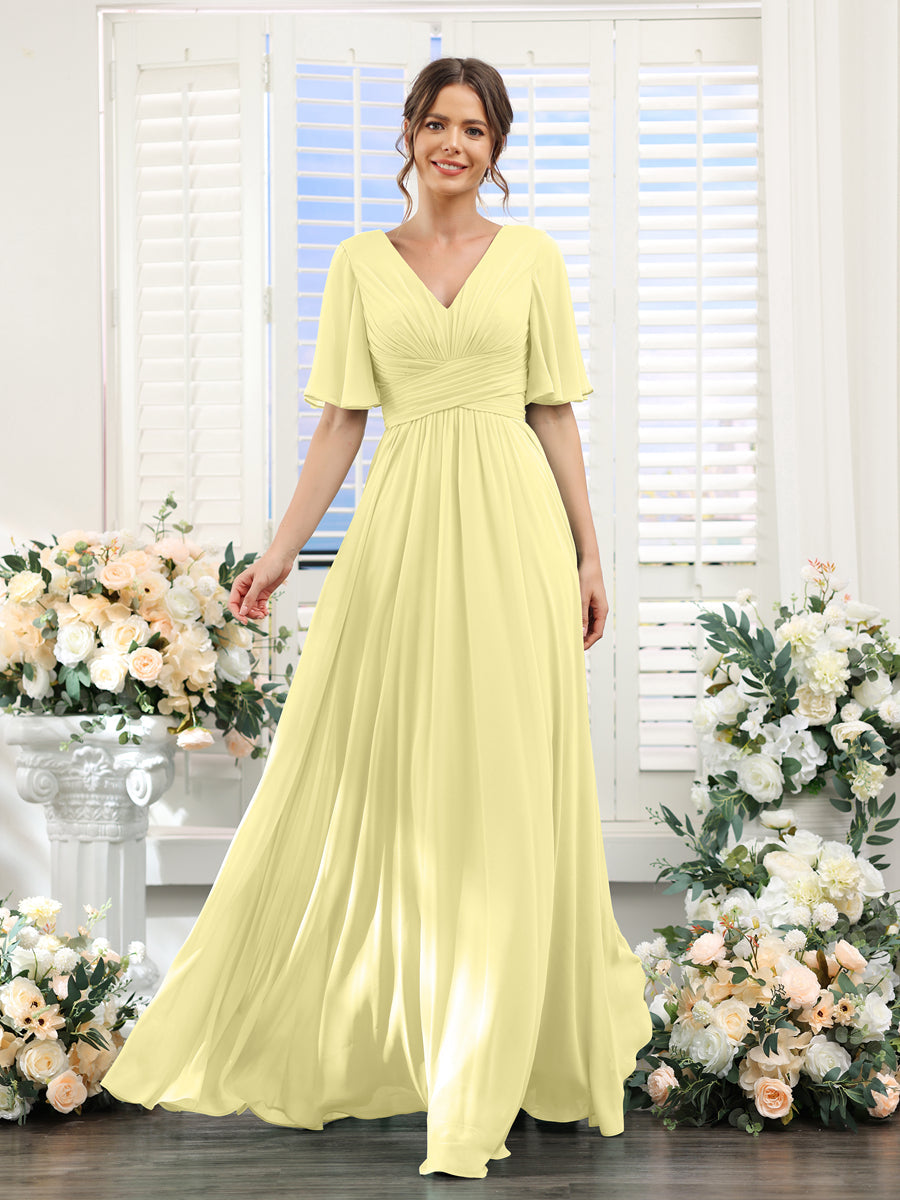 A-Linie V-Ausschnitt Lange Chiffon Brautjungfernkleider mit Taschen & Volantärmeln
