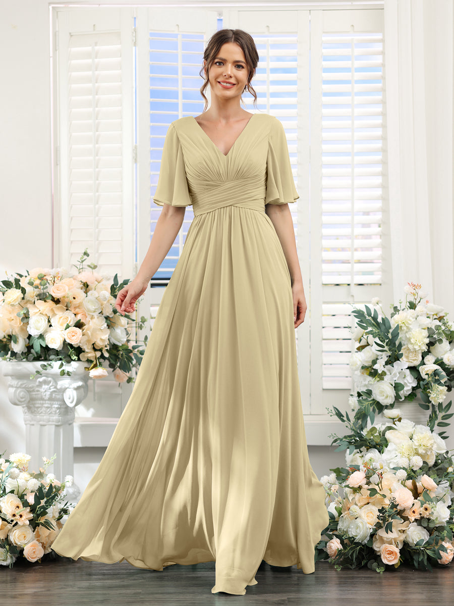 A-Linie V-Ausschnitt Lange Chiffon Brautjungfernkleider mit Taschen & Volantärmeln