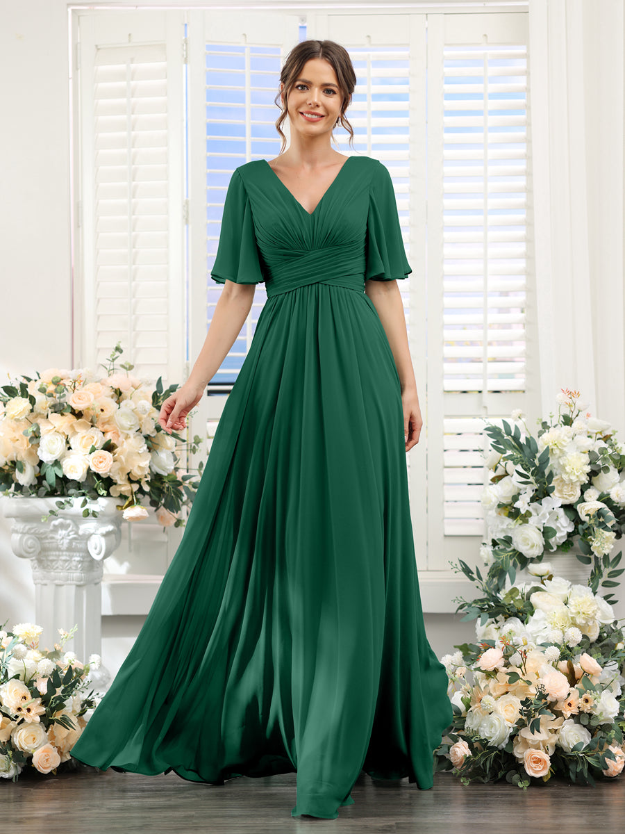 A-Linie V-Ausschnitt Lange Chiffon Brautjungfernkleider mit Taschen & Volantärmeln