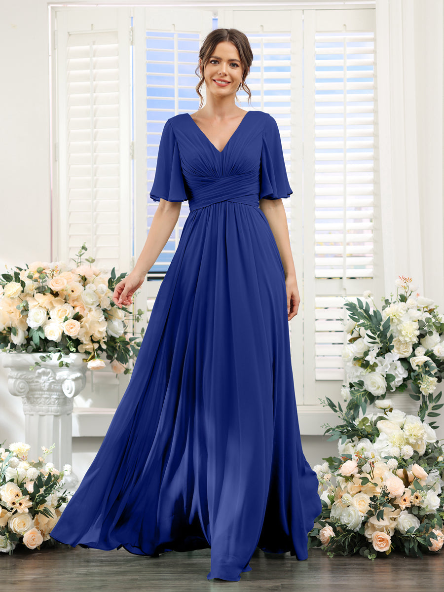 A-Linie V-Ausschnitt Lange Chiffon Brautjungfernkleider mit Taschen & Volantärmeln