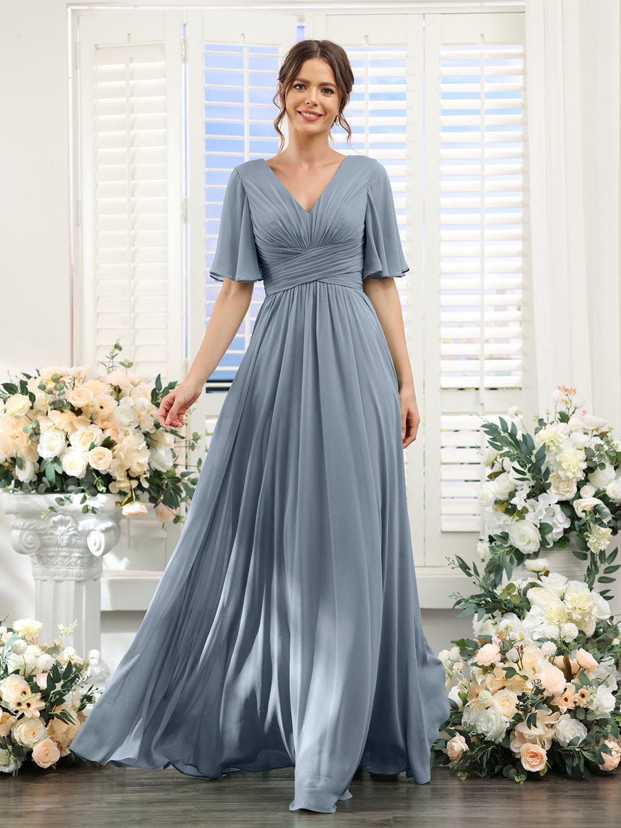 A-Linie V-Ausschnitt Lange Chiffon Brautjungfernkleider mit Taschen & Volantärmeln