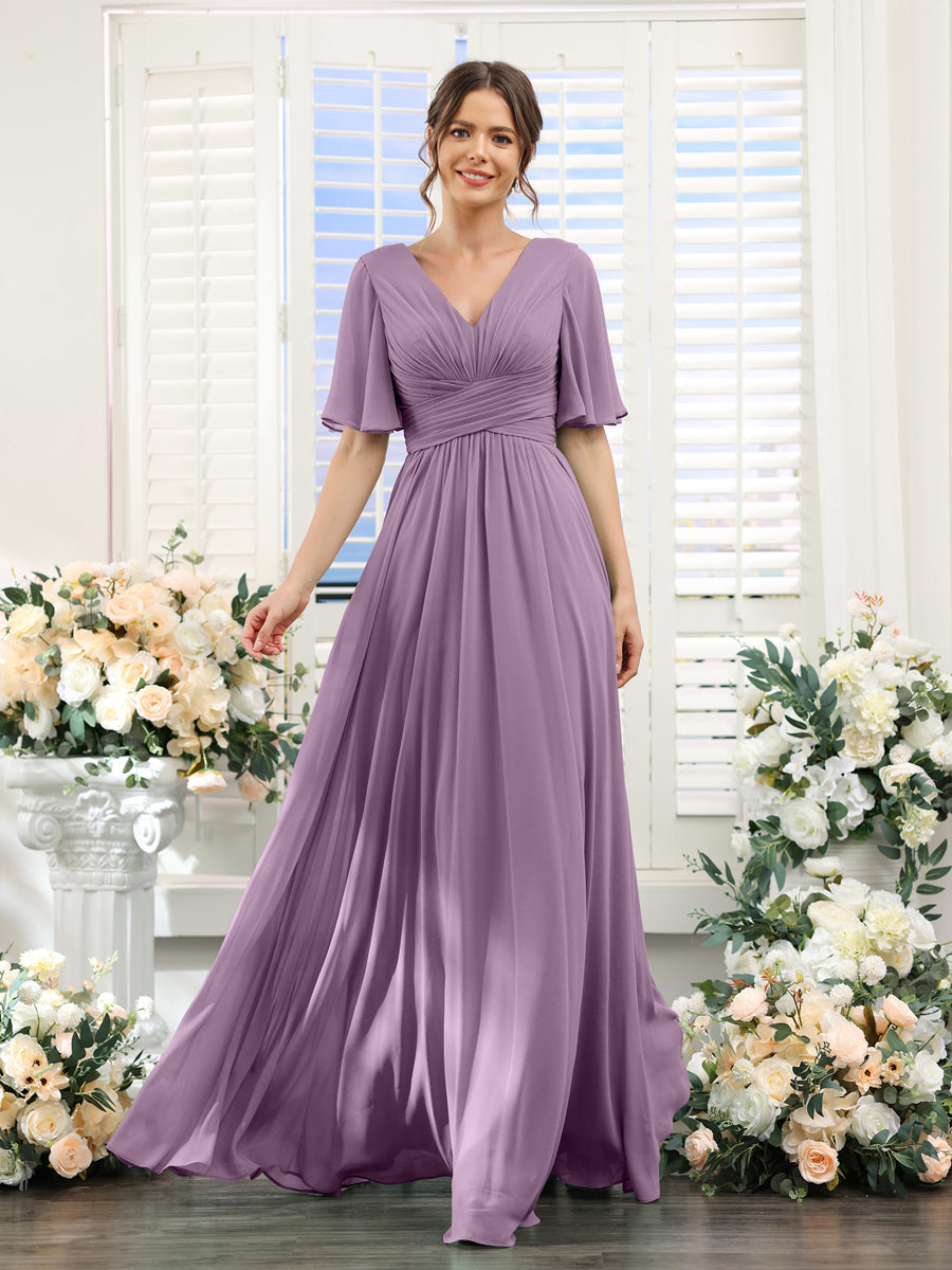 A-Linie V-Ausschnitt Lange Chiffon Brautjungfernkleider mit Taschen & Volantärmeln