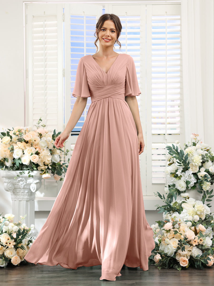 A-Linie V-Ausschnitt Lange Chiffon Brautjungfernkleider mit Taschen & Volantärmeln