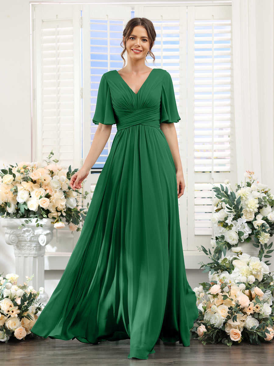 A-Linie V-Ausschnitt Lange Chiffon Brautjungfernkleider mit Taschen & Volantärmeln