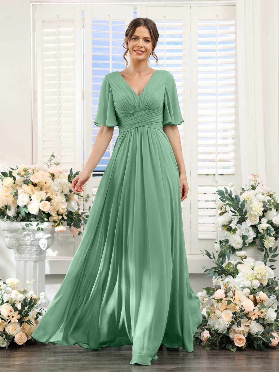 A-Linie V-Ausschnitt Lange Chiffon Brautjungfernkleider mit Taschen & Volantärmeln
