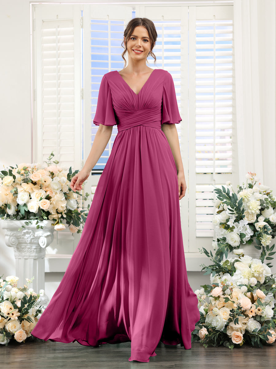 A-Linie V-Ausschnitt Lange Chiffon Brautjungfernkleider mit Taschen & Volantärmeln