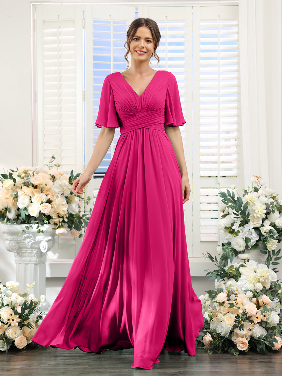 A-Linie V-Ausschnitt Lange Chiffon Brautjungfernkleider mit Taschen & Volantärmeln