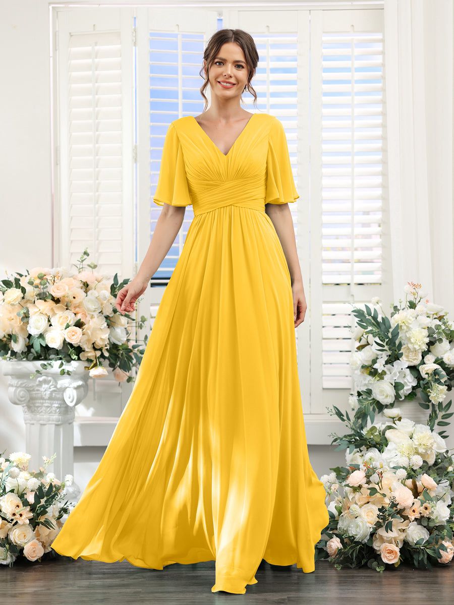 A-Linie V-Ausschnitt Lange Chiffon Brautjungfernkleider mit Taschen & Volantärmeln