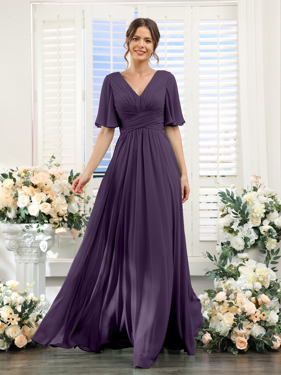 A-Linie V-Ausschnitt Lange Chiffon Brautjungfernkleider mit Taschen & Volantärmeln