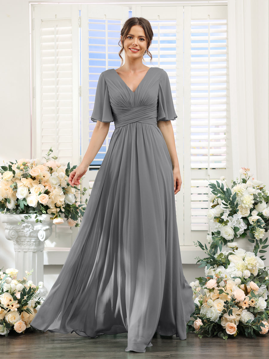 A-Linie V-Ausschnitt Lange Chiffon Brautjungfernkleider mit Taschen & Volantärmeln