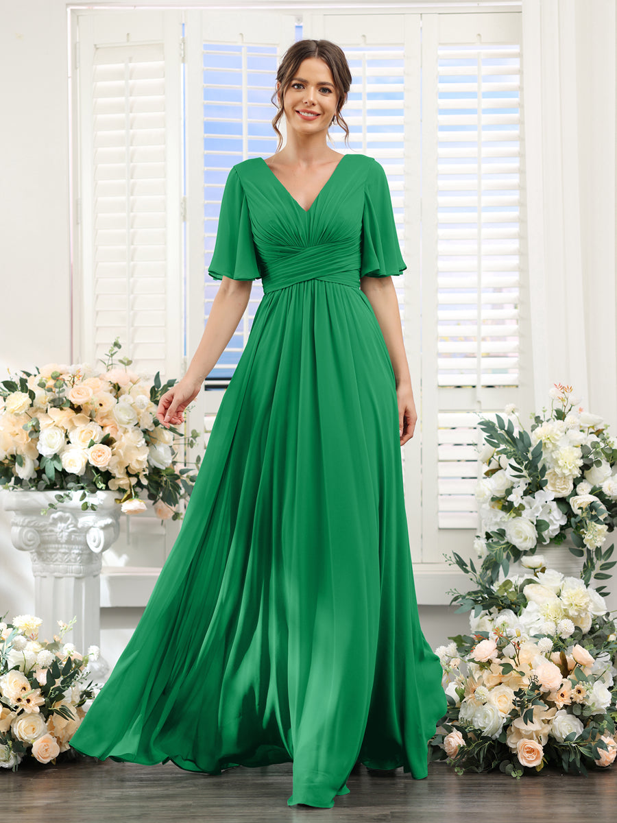 A-Linie V-Ausschnitt Lange Chiffon Brautjungfernkleider mit Taschen & Volantärmeln