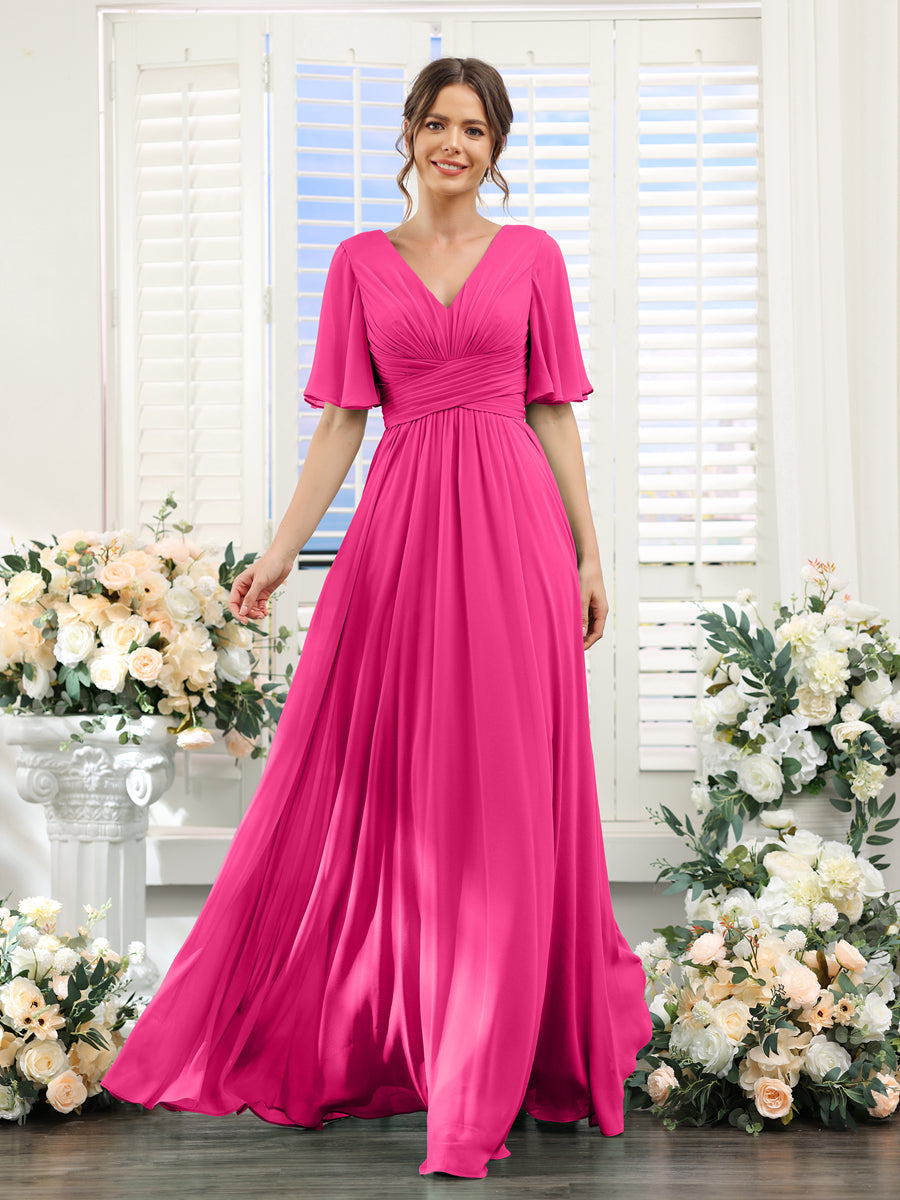 A-Linie V-Ausschnitt Lange Chiffon Brautjungfernkleider mit Taschen & Volantärmeln