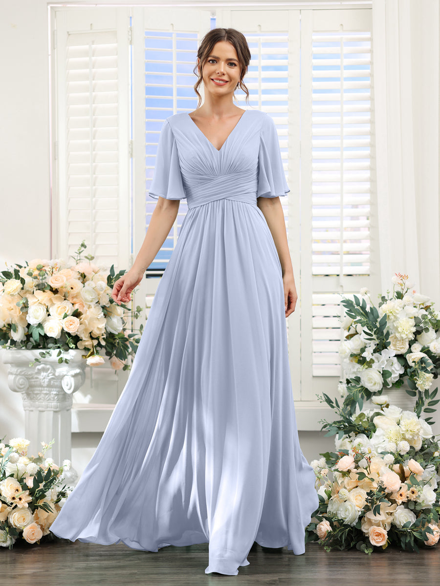 A-Linie V-Ausschnitt Lange Chiffon Brautjungfernkleider mit Taschen & Volantärmeln
