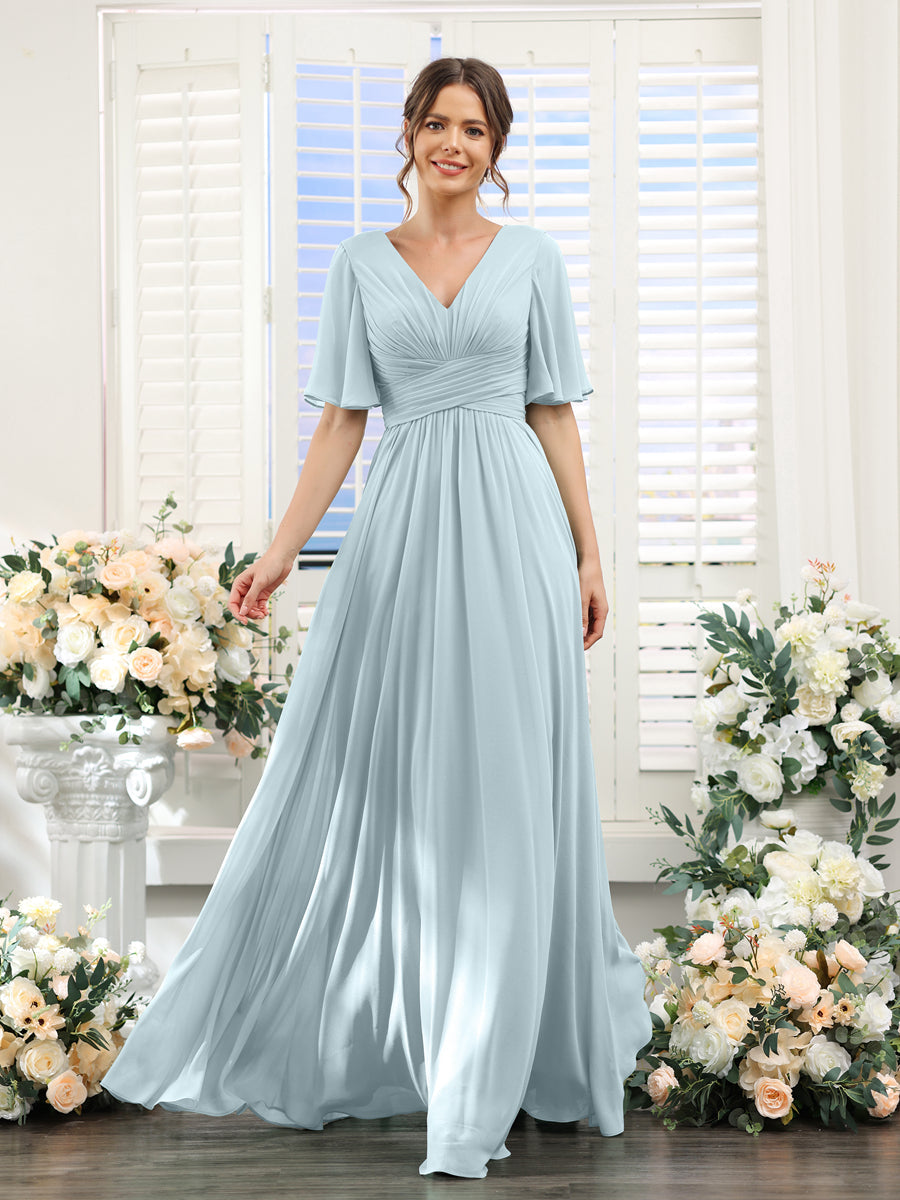 A-Linie V-Ausschnitt Lange Chiffon Brautjungfernkleider mit Taschen & Volantärmeln