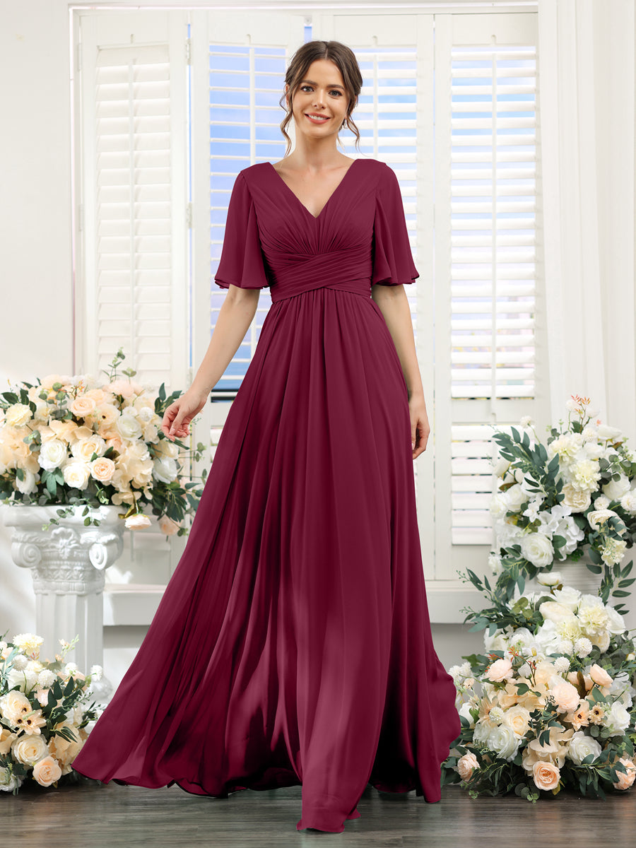 A-Linie V-Ausschnitt Lange Chiffon Brautjungfernkleider mit Taschen & Volantärmeln
