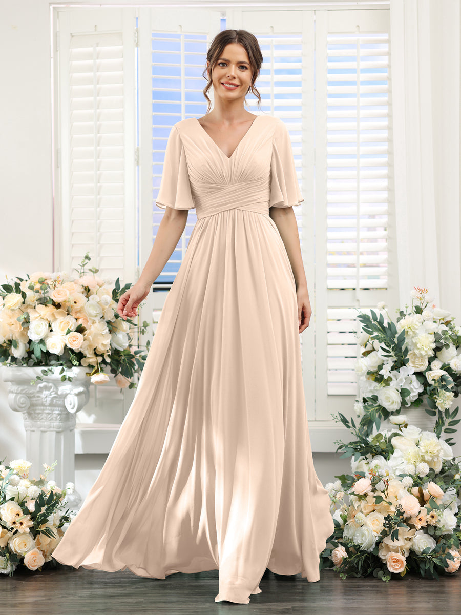 A-Linie V-Ausschnitt Lange Chiffon Brautjungfernkleider mit Taschen & Volantärmeln