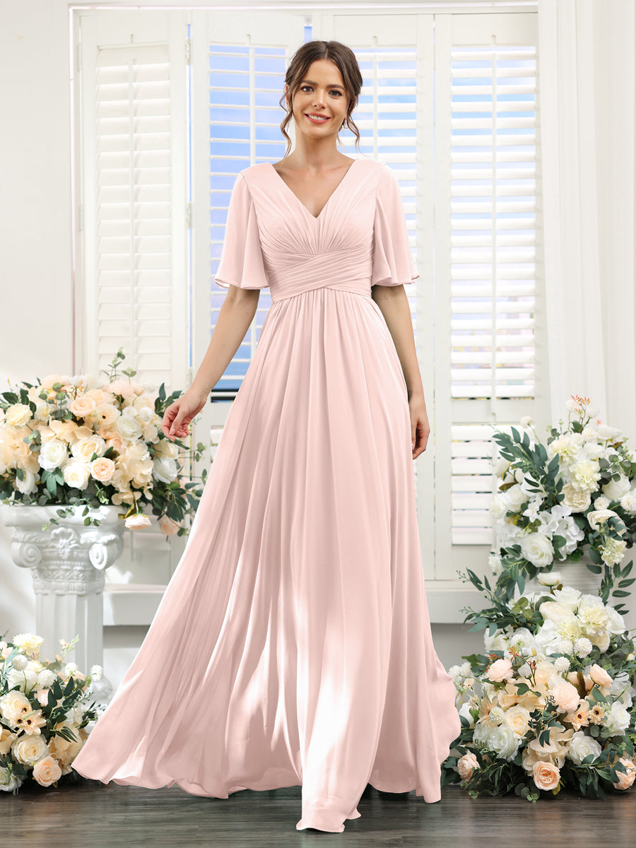 A-Linie V-Ausschnitt Lange Chiffon Brautjungfernkleider mit Taschen & Volantärmeln